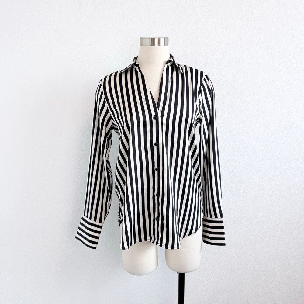 H&M Black and White Satin Stripe Button Down Blouse Shirt XS